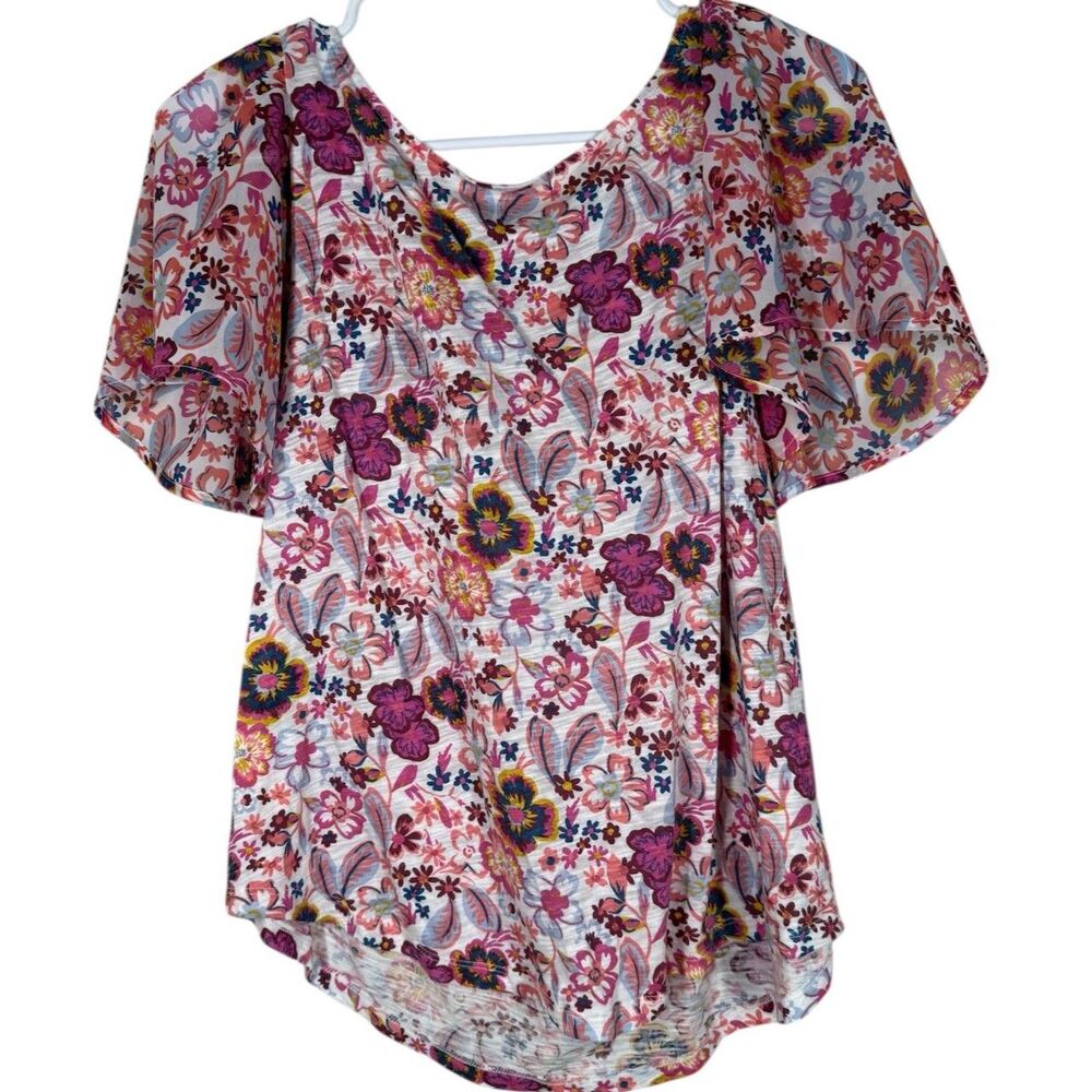 Lucky Brand Womens Floral T Shirt Sz S Boho Feminine Pink Sheer Sleeves
